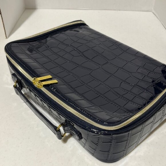 Estee Lauder Navy Blue Faux Crocodile Leather Cosmetic Zip Train Travel Case Bag - Picture 14 of 16